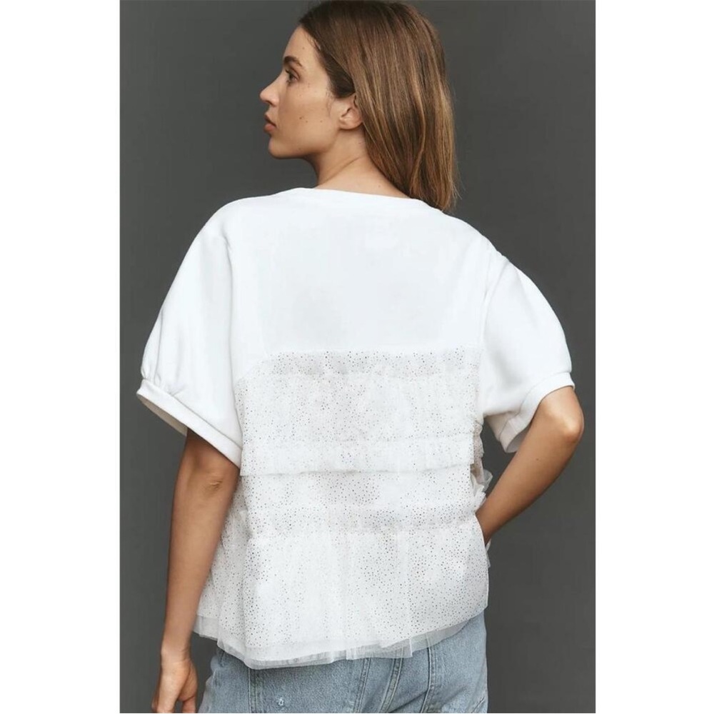 Maeve Short-Sleeve Smocked Ruffled Sweatshirt S White / Gold Women’s Tulle - Picture 2 of 8